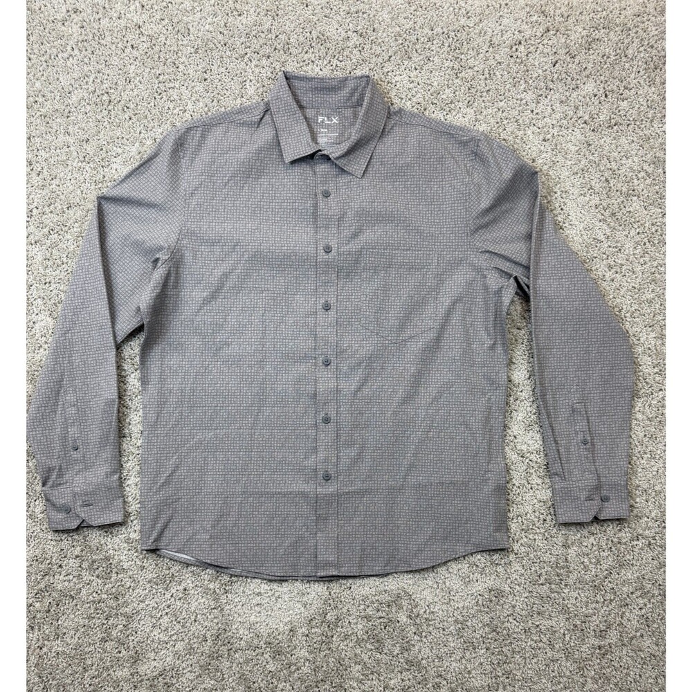 FLX Men's L Slim Gray 4-Way Stretch Quick Dry Long Sleeve Button Up Shirt